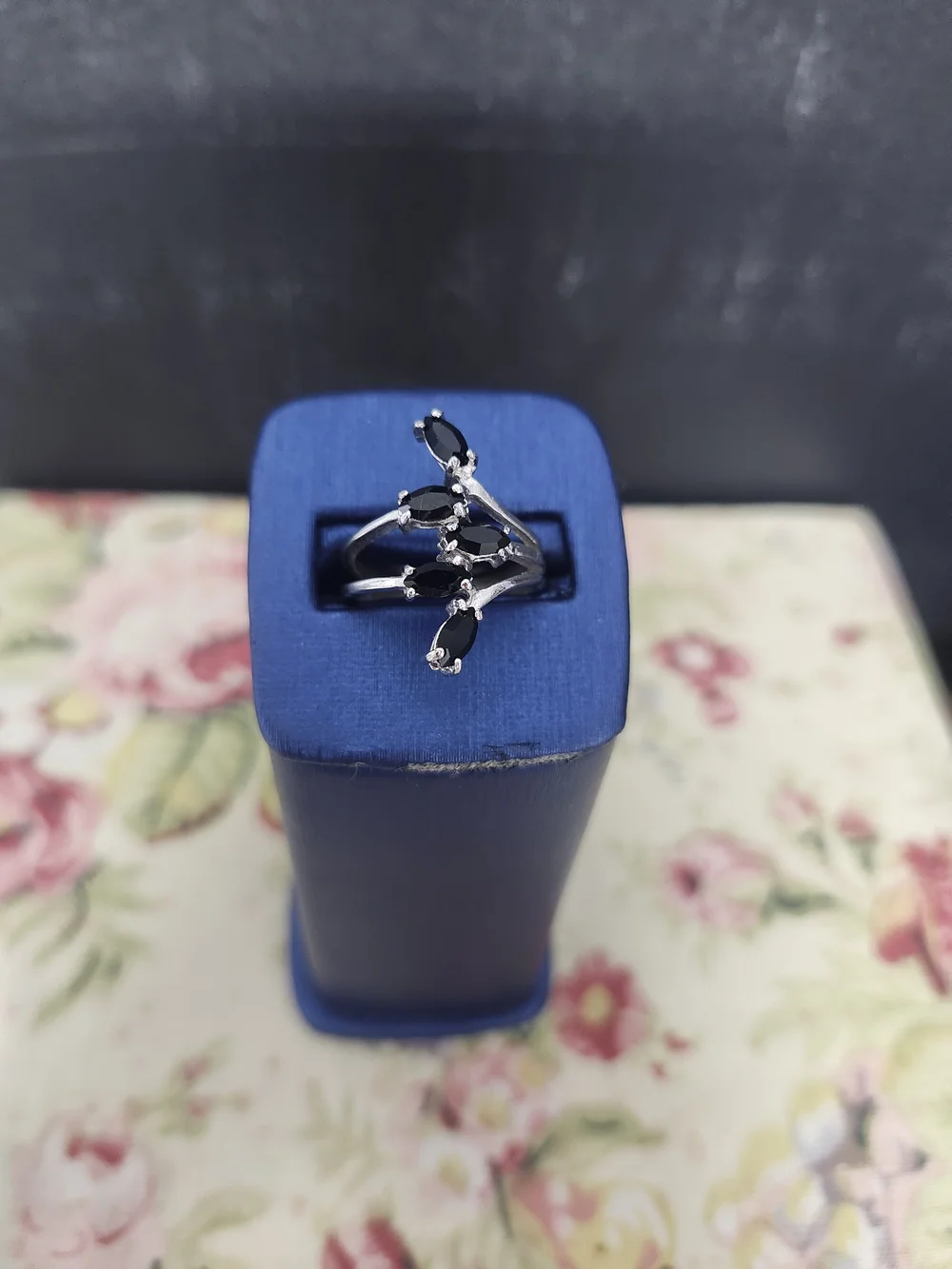 Silvertone Black Marquise Cluster Ring 18k HGE Sz 6 Cocktail